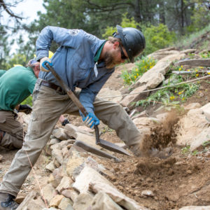 At the start of the new Ponil backcountry camp trail, Field Manager Michael Crockett shovels dirt as they prepare to build new tread. This project will help connect Ponil to other backcountry camps and keep campers from having to hike along a dirt road for traveling.