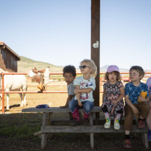 The Family Adventure Camp Small Fries visit the Pony Barn at the Philmont Training Center on June 28, 2022 in Cimarron, N.M.